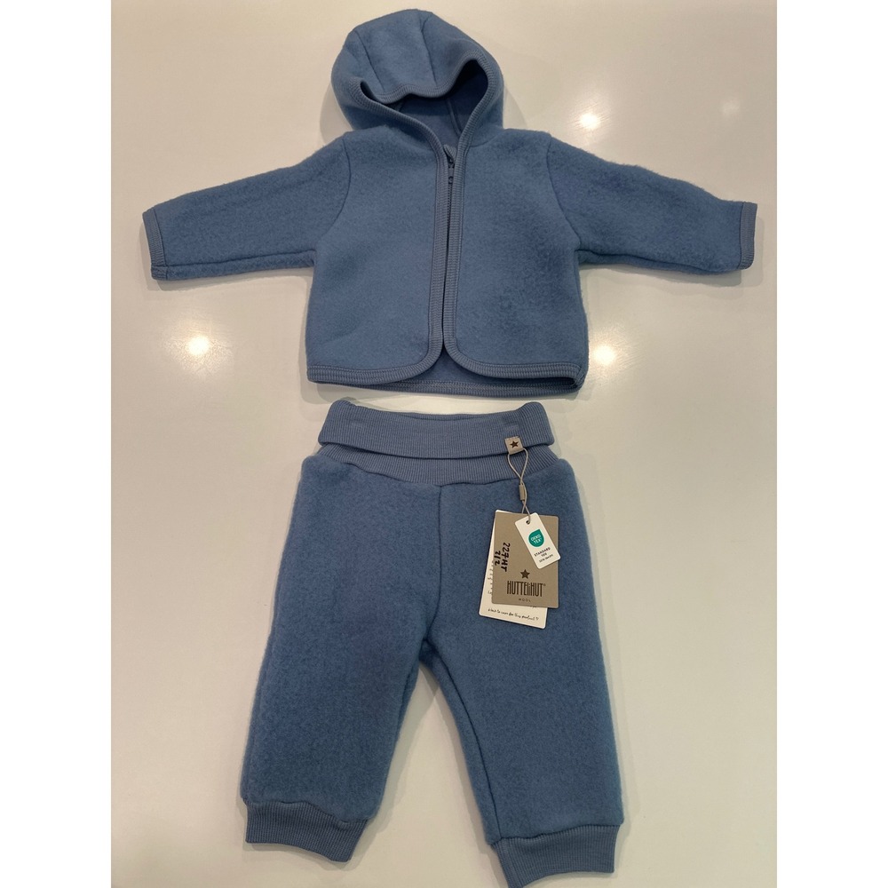 Huttelihut Kids Blue 100% Wool Fleece Hooded Jacket and Pants Set Size 0-3m NEW